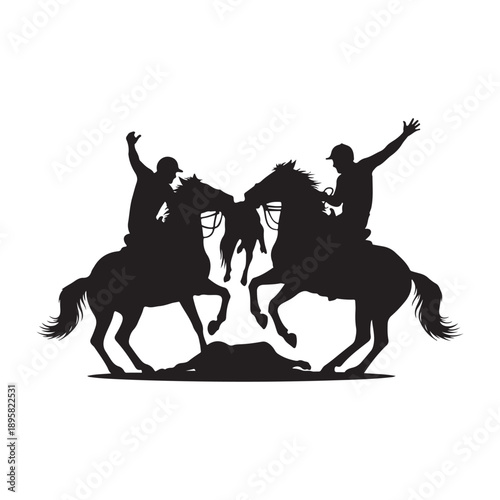 Black silhouette of two horsemen competing for a goat carcass in the traditional Buzkashi sport.