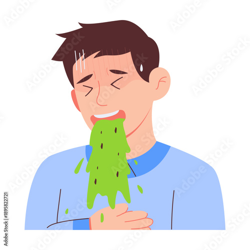 Flat infographic illustration showing common illness symptoms in an adult man, including fever, headache, coughing, sneezing, nausea, and chills. Suitable for health education, medical content, and aw