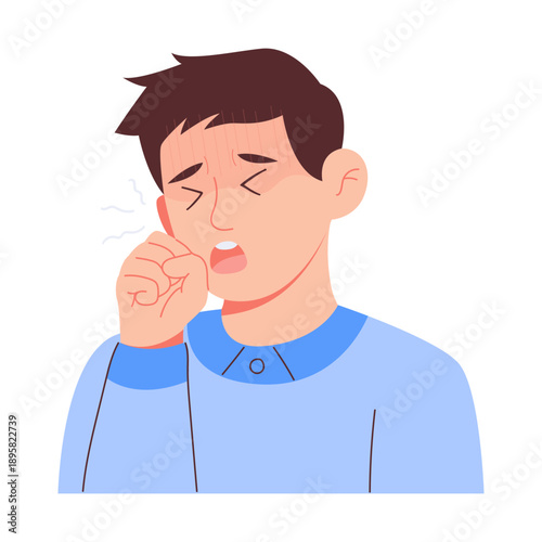 Flat infographic illustration showing common illness symptoms in an adult man, including fever, headache, coughing, sneezing, nausea, and chills. Suitable for health education, medical content, and aw