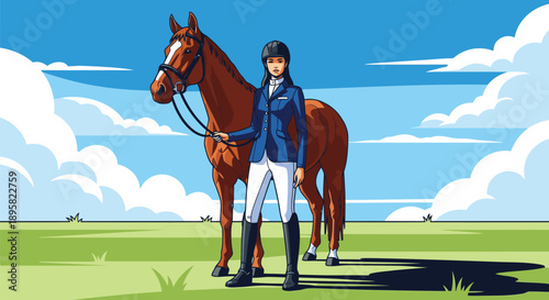 Equestrian woman in blue jacket standing with brown horse in green field