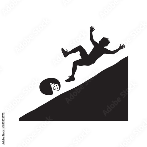 Black silhouette of a man tumbling down a steep hill while chasing a cheese wheel.