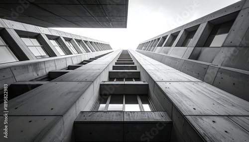 A stark, grayscale perspective of a modern architectural facade, viewed from a low angle, emphasizing verticality