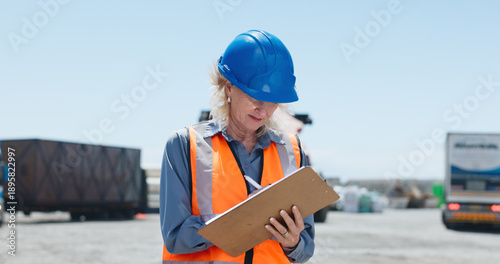 Cuadro en lienzo Logistics, woman or writing on clipboard in yard for shipping control, status reporting and export
