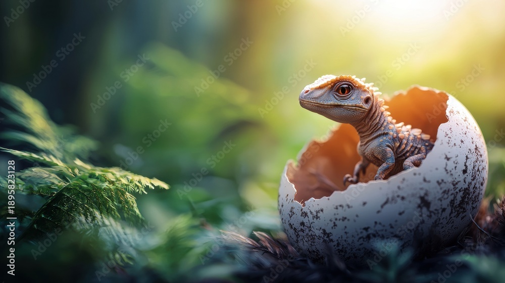 Fototapeta premium Dinosaur A baby dinosaur hatching from its egg.
