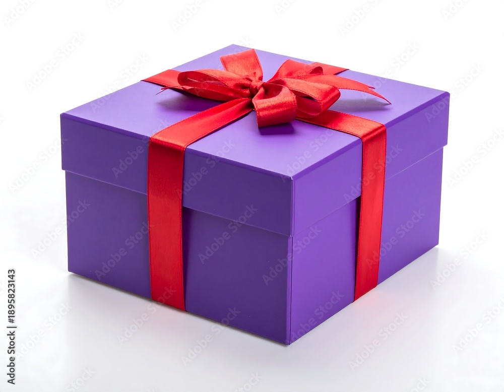 Obraz premium A square purple gift box is tied with a bright red ribbon. The box sits against a white background with soft shadows