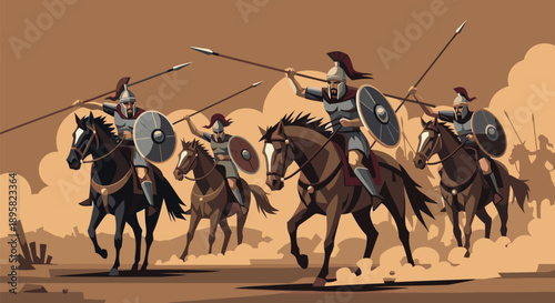 Ancient warriors on horseback charging into epic battle with spears and shields