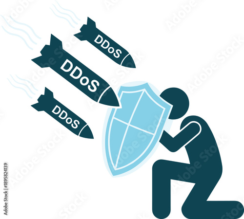 DDoS attack protection concept, cybersecurity defense illustration, hacker threat prevention, network security shield, data protection, online safety technology vector