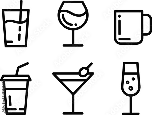 Drink beverage outline icon set, glass mug cocktail juice wine symbols collection, bar cafe menu, clean minimal line vector