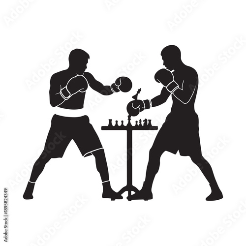 Silhouette of two athletes competing in a game of chess boxing over a small table.