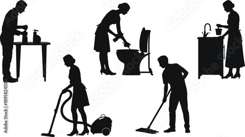 House cleaning silhouettes set showing men women doing household chores vacuuming mopping bathroom kitchen work lifestyle vector illustration