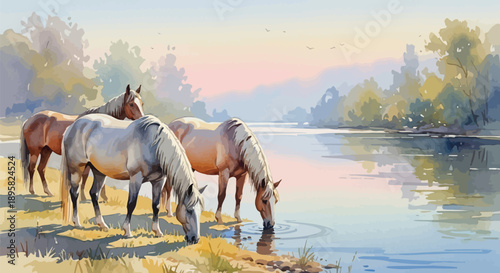 Horses drinking from serene lake at sunset with trees and birds