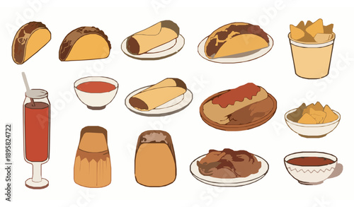 Mexican cuisine vector set with hand-drawn doodle outline food illustrations