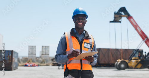 Photos Logistics, man and portrait with clipboard in yard for shipping control, inspection or supply chain