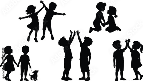 Kids playing silhouettes with happy children friendship moments, playful poses vector illustration isolated on background for education and fun design