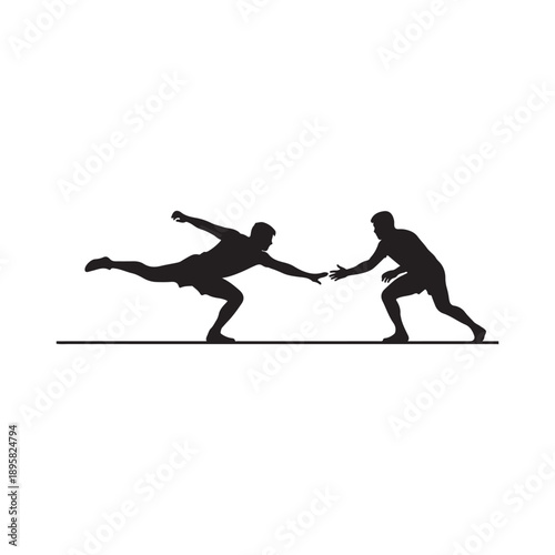 Black silhouette of two Kabaddi players in a match with a raider lunging to tag.