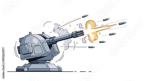 Detailed illustration of naval artillery gun firing multiple shells with smoke and flames erupting from muzzle against white background.