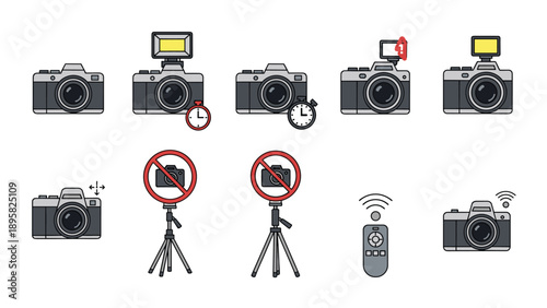 Large set of camera icons and photography symbols including tripod warnings, timers, flash settings, and remote control device icons.