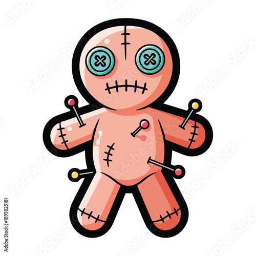 A cartoon voodoo doll with pins stuck in its body, a symbol of superstition, depicted in a flat illustration style