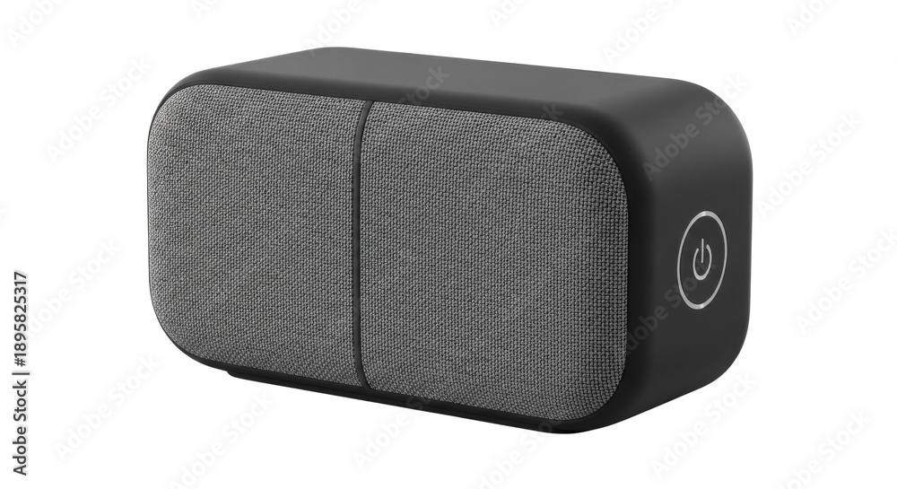 Obraz premium ブラックとグレーのファブリック素材のポータブルBluetoothスピーカー、電源ボタン付き、白背景に分離