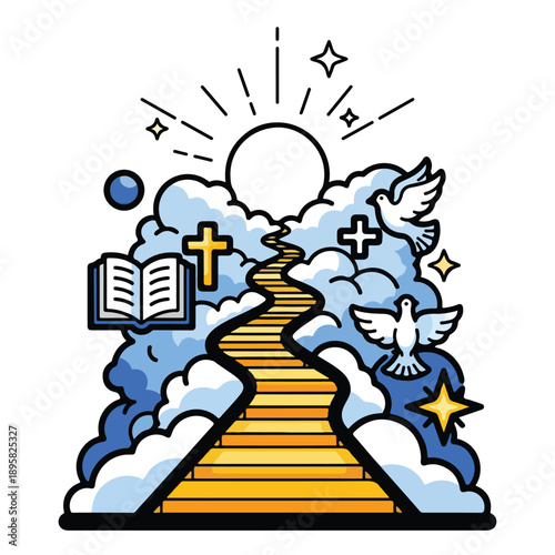 Stairway to Heaven with Doves, Cross, and Book amidst Clouds and Stars