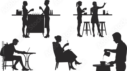 People silhouettes in cafe, bar and coffee shop scenes, men and women drinking, working, socializing vector illustration