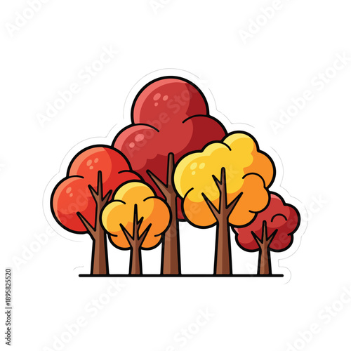 Group of trees with autumnal foliage in shades of red and orange, illustrated in a cartoon style, viewed from the front.