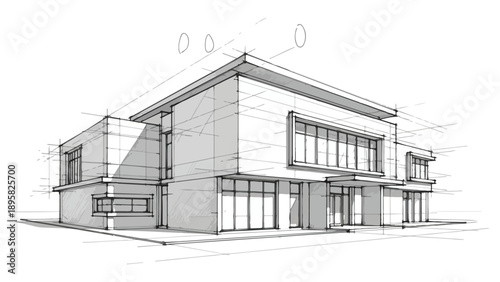 Architectural sketch of modern house with large windows and flat roof design