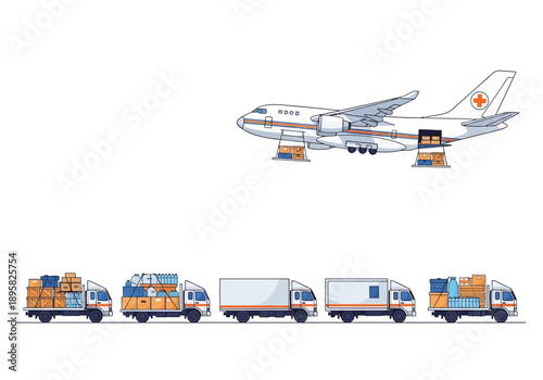A fleet of emergency vehicles and an airplane in transit on a white background