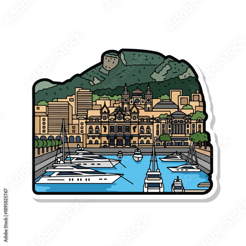 Cityscape illustration of a harbour with boats and buildings near a mountain from a high viewpoint, pektor01 (568).eps