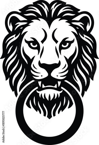 Minimal vector silhouette, antique door knocker shaped like a lion’s head, solid black, isolated on white.
