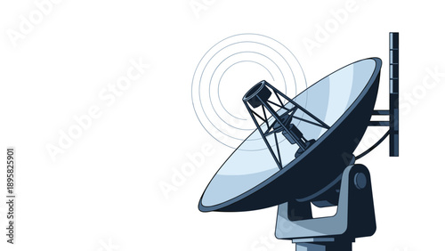 Large parabolic satellite dish antenna transmitting or receiving radio signals represented by concentric circles.