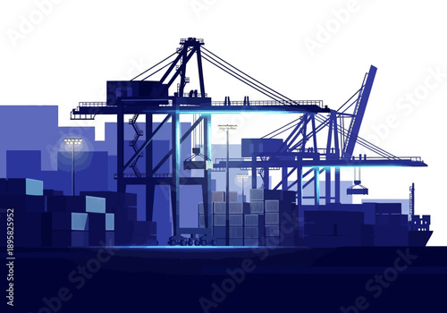 Industrial cranes and cargo containers at a bustling dockyard viewed from a low angle
