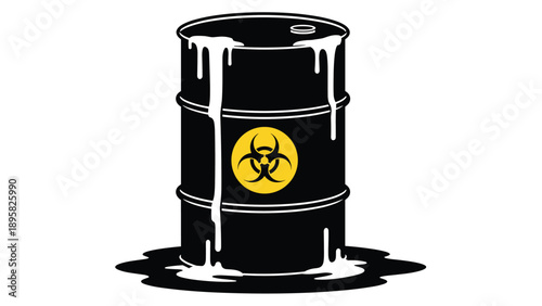 Hazardous black waste barrel with a yellow biohazard symbol leaking dangerous white toxic fluid onto the ground.