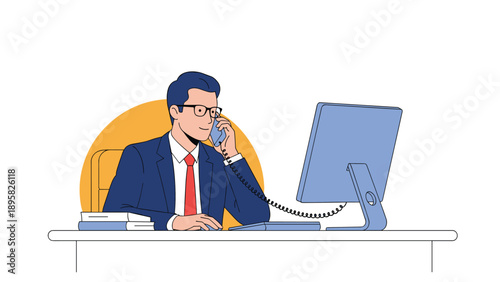 Business professional sitting at his desk wearing glasses and a suit talking on the telephone while using a computer.