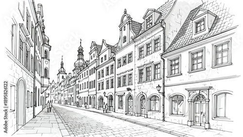 German architecture street scene with historic buildings and cobblestone road  old town
