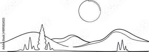 Simple Line Drawing of Mountains and Sun