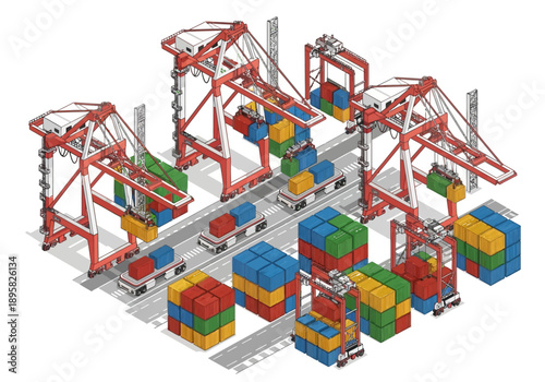 Industrial cranes loading colorful containers onto railway wagons in a bustling logistics yard from an aerial viewpoint