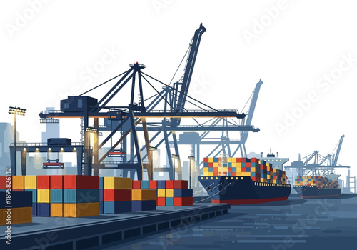 Cargo ship docked at a busy port with cranes and containers in a industrial setting