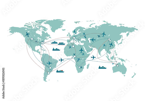 Global transportation network with airplanes and ships on a world map