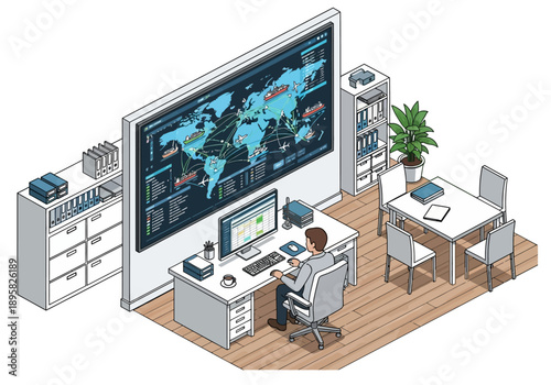 Office workspace with a person analyzing data on a large screen display
