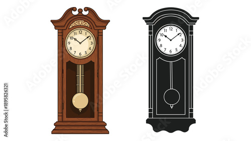 Traditional wooden grandfather clock with a pendulum next to its black silhouette version showing the same time.