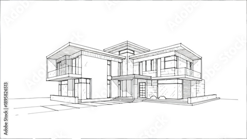 Modern house design in one line sketch style for architecture concept