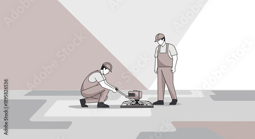 Construction Workers Polishing Concrete Floor With Power Trowel