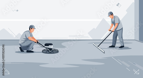 Construction Workers Polishing Concrete Floor With Professional Equipment