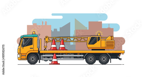 Crane Truck With Traffic Cones On City Background Flat Illustration