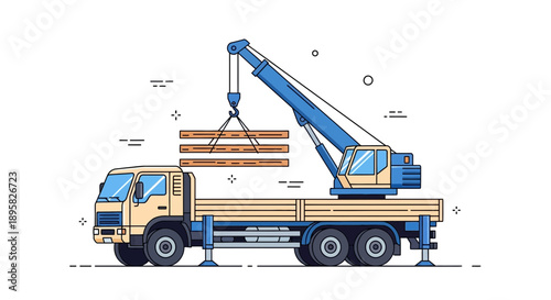Crane Truck Lifting Wood Planks Construction Industry Equipment Illustration