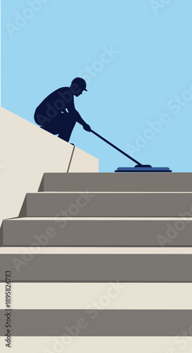 Dedicated Cleaner Meticulously Maintaining Outdoor Staircase Hygiene