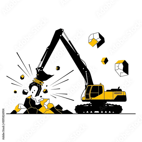 Demolition Excavator Crushing Rocks With Powerful Hydraulic Grabber Arm