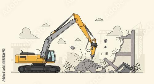 Demolition Excavator Machine Breaking Down Building Facade
