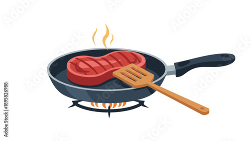 Delicious juicy beef steak being cooked in a black frying pan over a gas stove flame with a wooden spatula.
